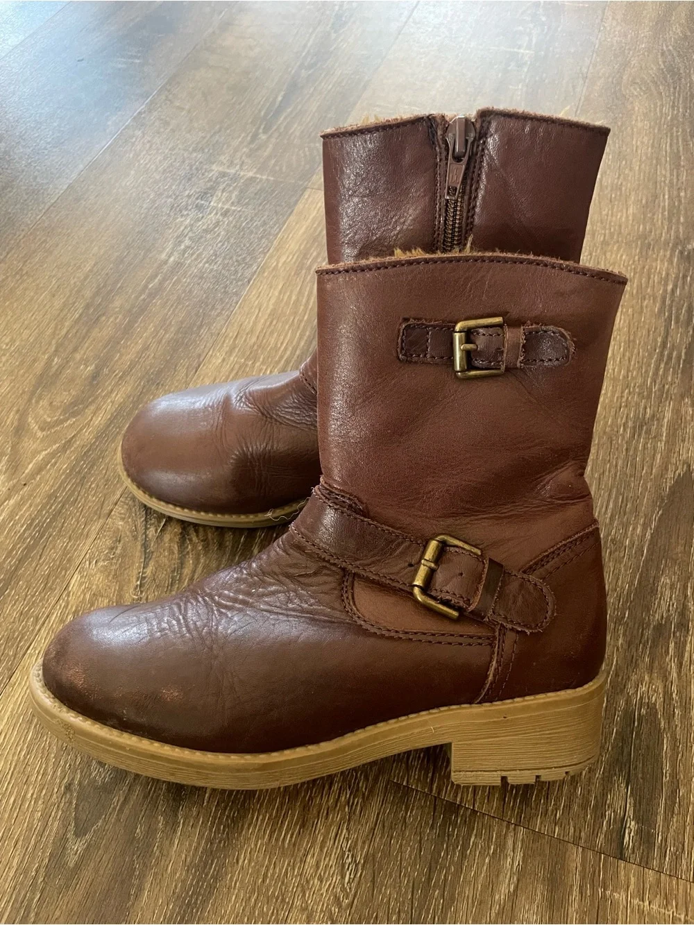 Kids Brown Leather Ankle Boots with Buckle Detail